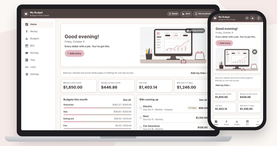 The Budget & Profit Tracker on a laptop and a phone