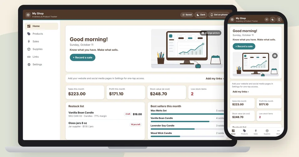The Inventory & Product Tracker on a laptop and a phone